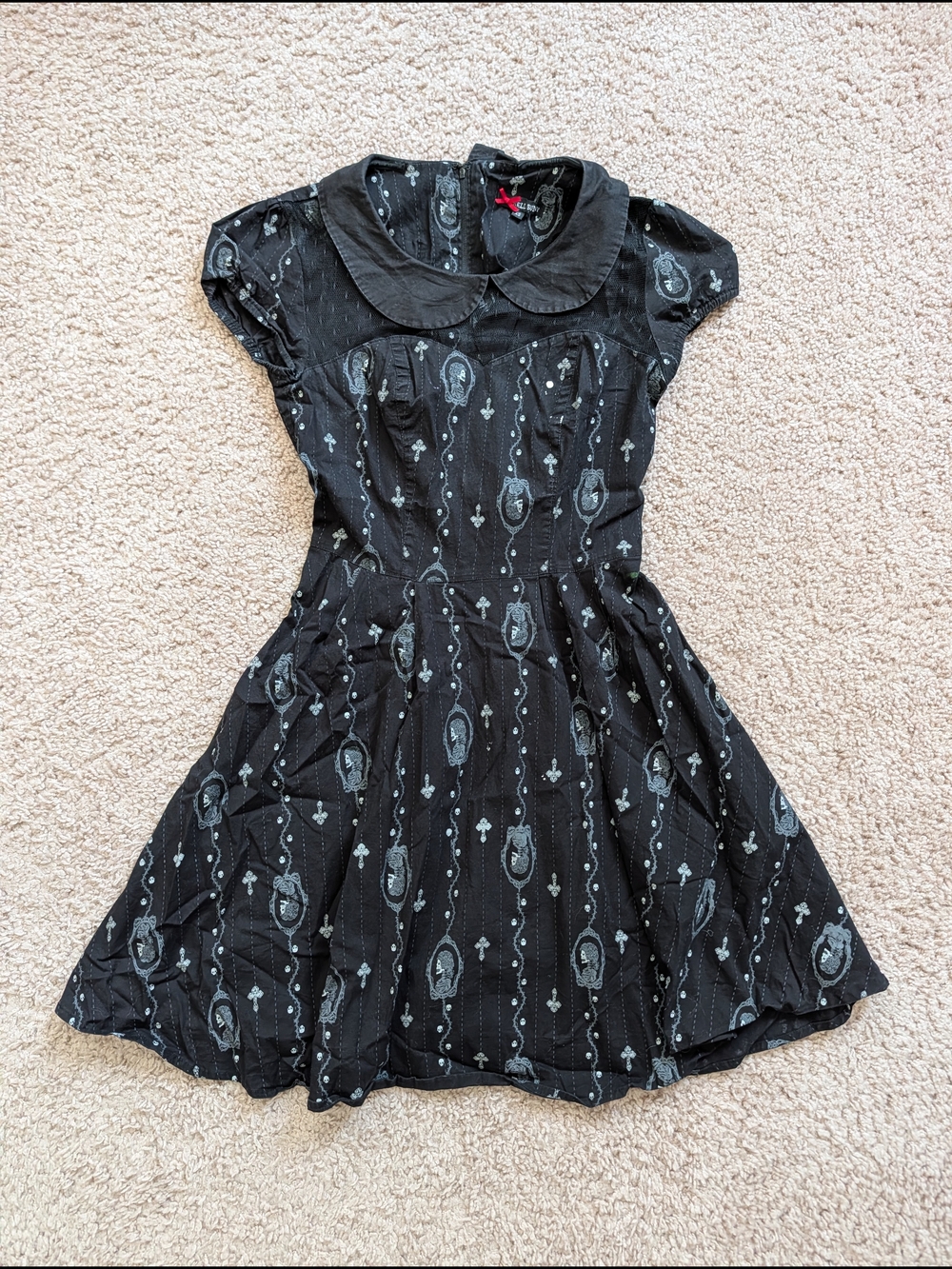 Hell Bunny Womens Black White Gemma Skull Cameo Collar Goth Mini Dress Size XS - Picture 6 of 16